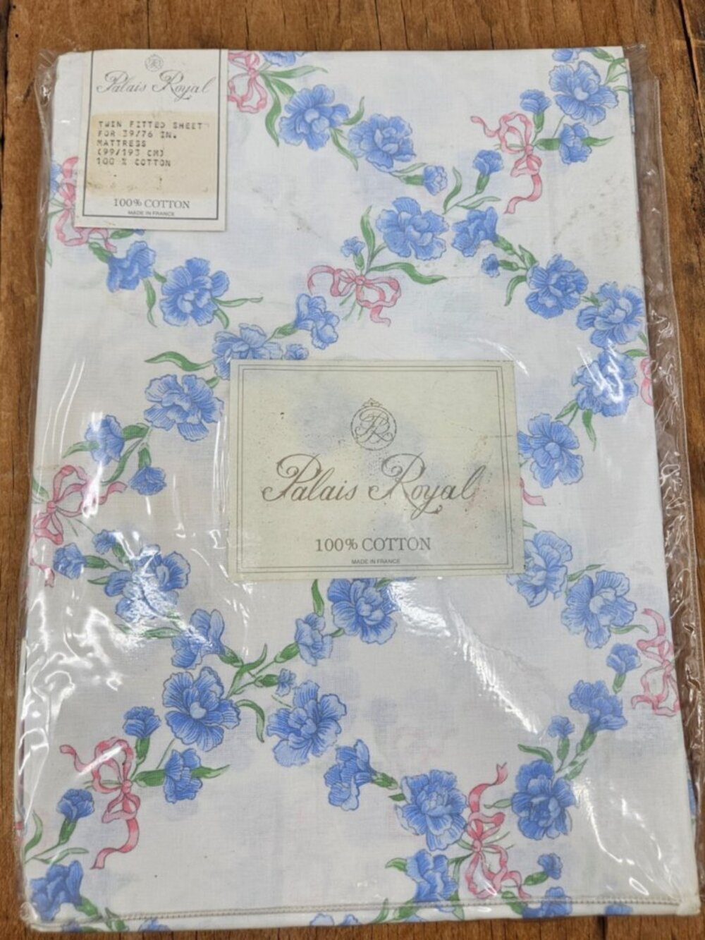 VTG New Palais Royal Cotton Twin Fitted Sheet Made in France Blue Floral